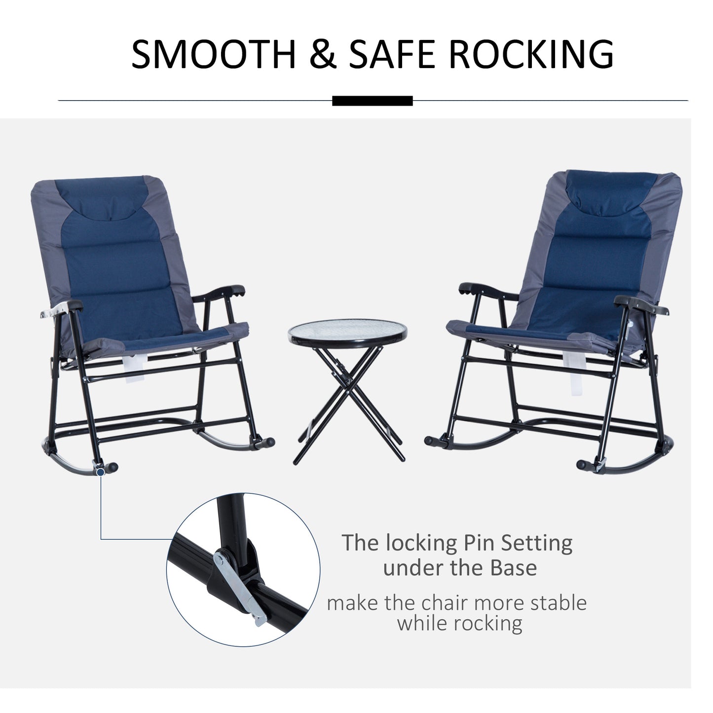 3-Piece Blue Rocking Bistro Set – Patio Rocking Chairs with Tempered Glass Coffee Table