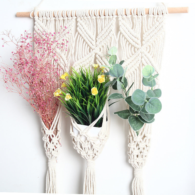Bohemian Woven Tapestry with Flower Pot Rack – Handcrafted Cotton Elegance