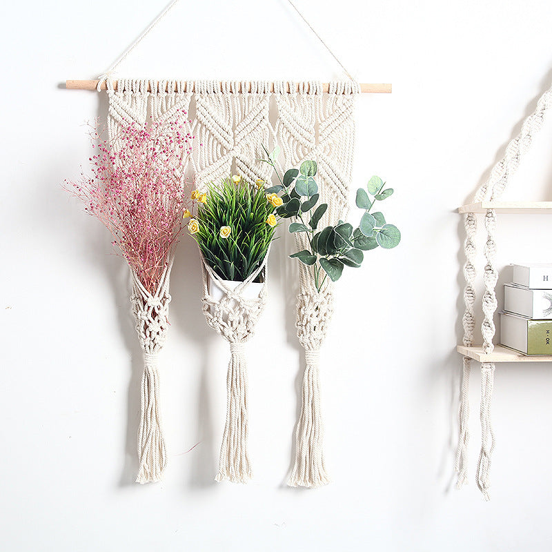 Bohemian Woven Tapestry with Flower Pot Rack – Handcrafted Cotton Elegance