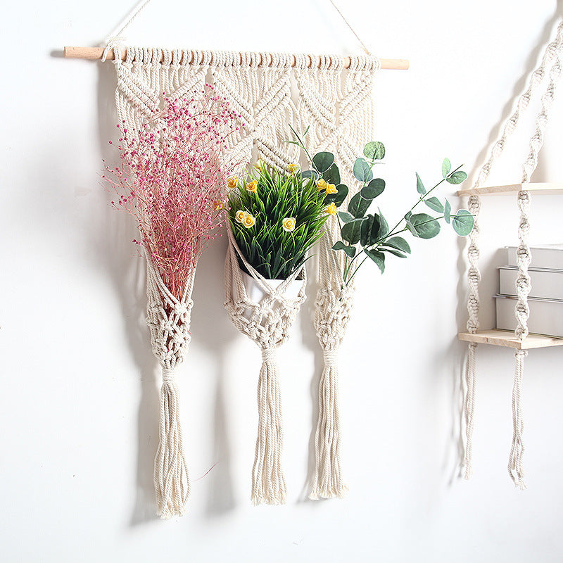 Bohemian Woven Tapestry with Flower Pot Rack – Handcrafted Cotton Elegance