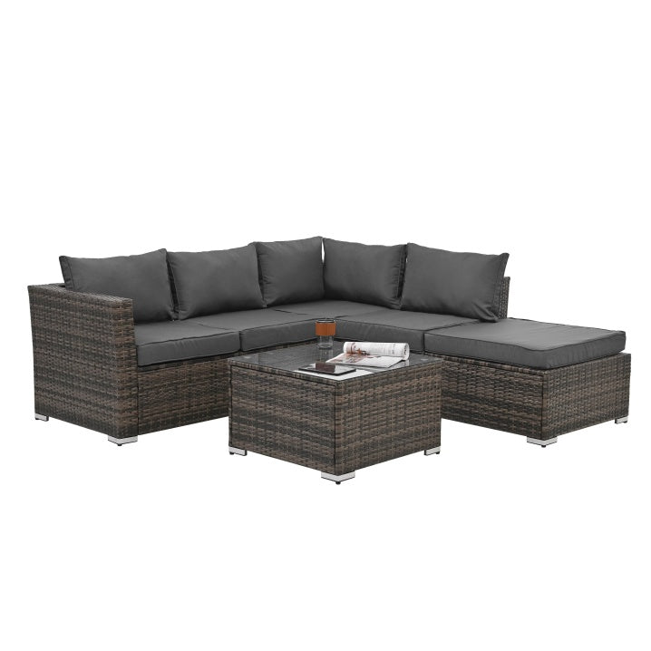 Patio Furniture 4-Piece Set – Seasonal PE Wicker Outdoor Sofa with Tempered Glass Coffee Table & Ottoman (Brown)