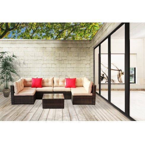 Patio Furniture Set – PE Rattan Sectional Garden Corner Sofa with Tempered Glass Table (7-Piece, Coffee Brown)