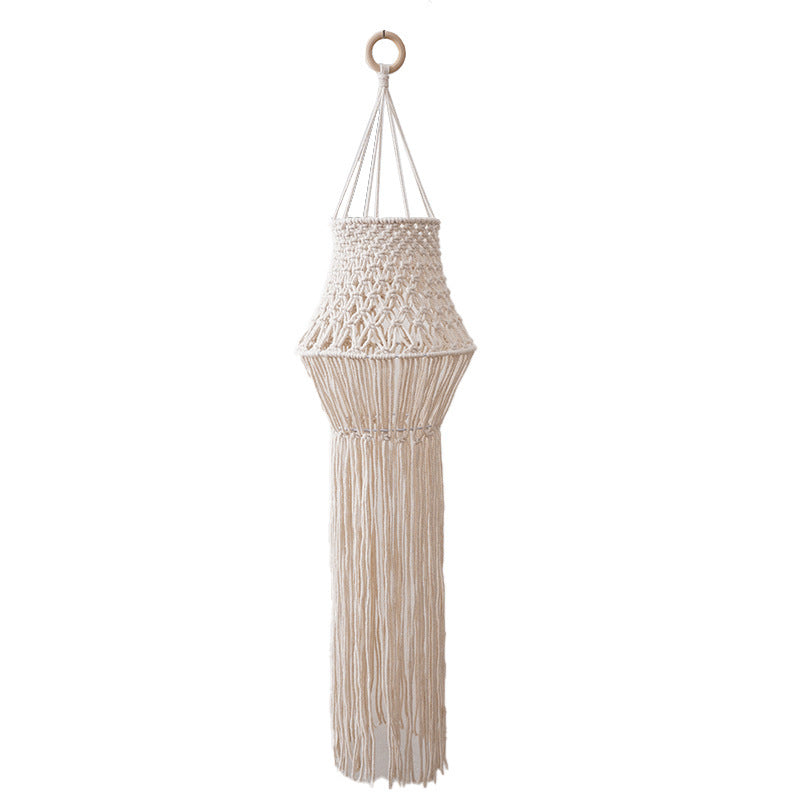 Bohemian Hand-Woven Cotton Lampshade – Artisan Tassel Pendant Light in Soft Beige