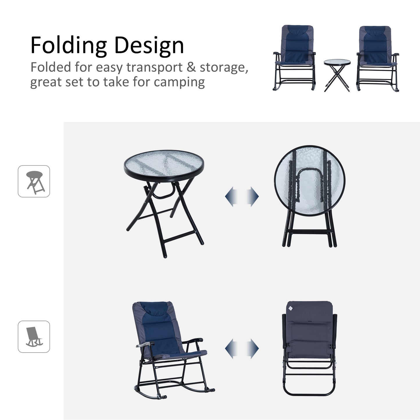 3-Piece Blue Rocking Bistro Set – Patio Rocking Chairs with Tempered Glass Coffee Table