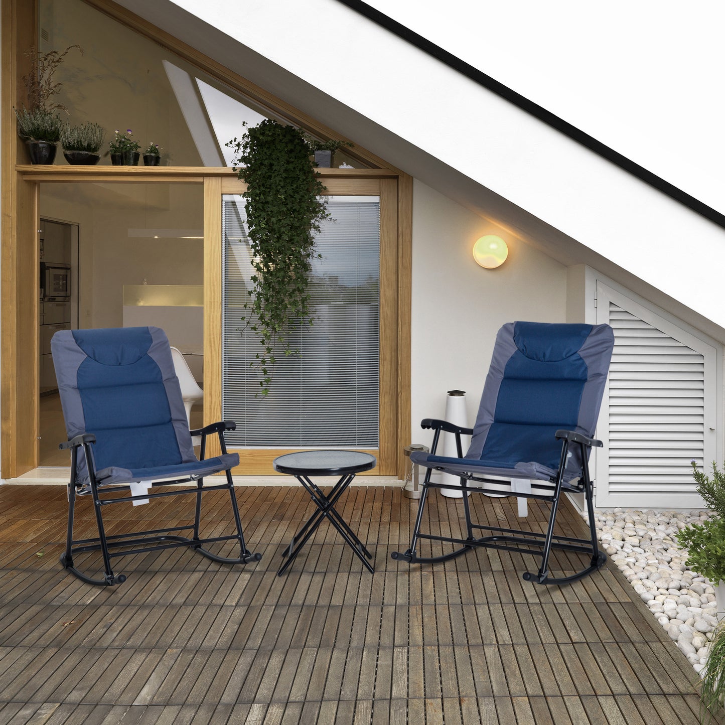3-Piece Blue Rocking Bistro Set – Patio Rocking Chairs with Tempered Glass Coffee Table