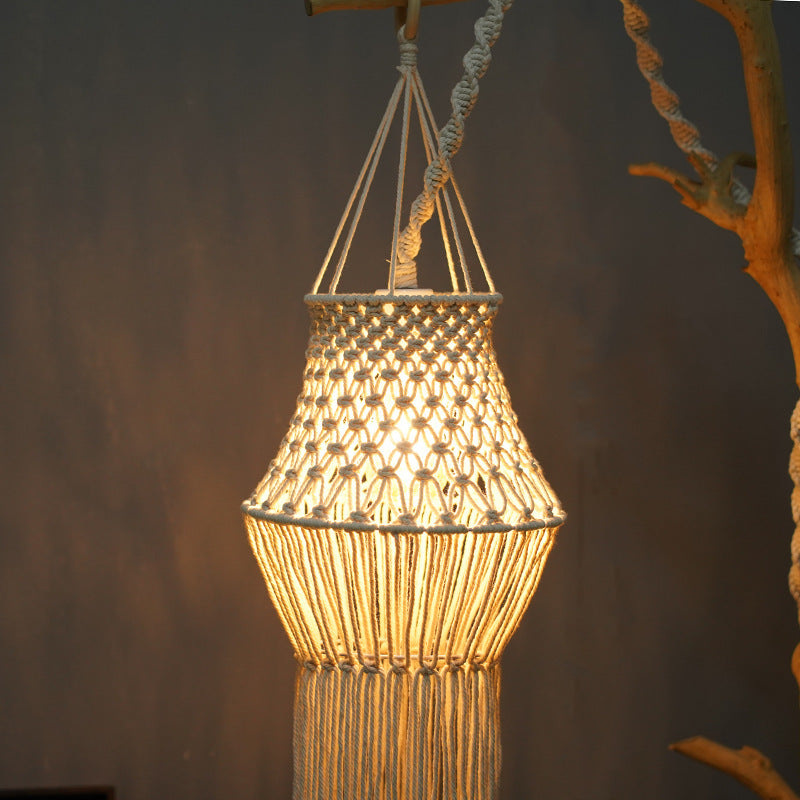 Bohemian Hand-Woven Cotton Lampshade – Artisan Tassel Pendant Light in Soft Beige