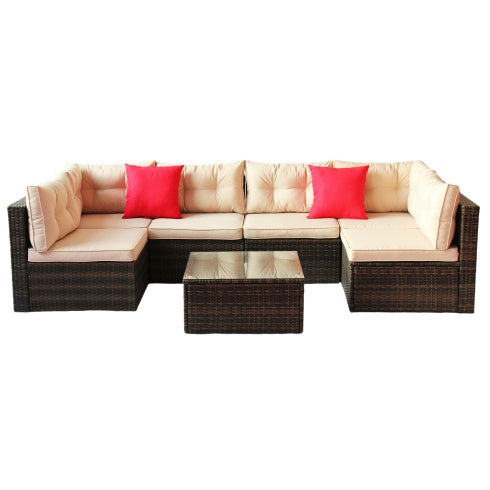Patio Furniture Set – PE Rattan Sectional Garden Corner Sofa with Tempered Glass Table (7-Piece, Coffee Brown)