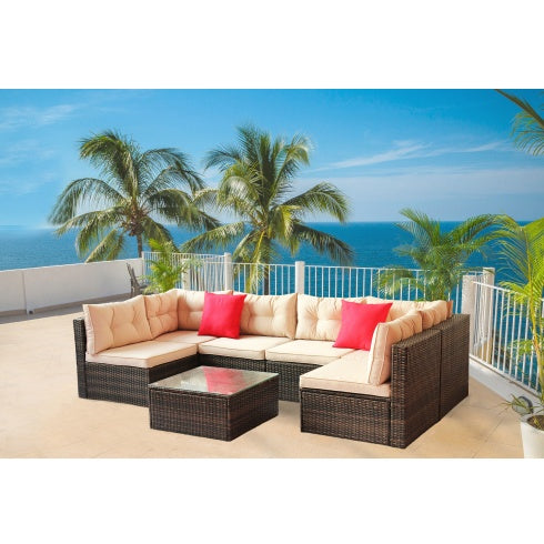 Patio Furniture Set – PE Rattan Sectional Garden Corner Sofa with Tempered Glass Table (7-Piece, Coffee Brown)