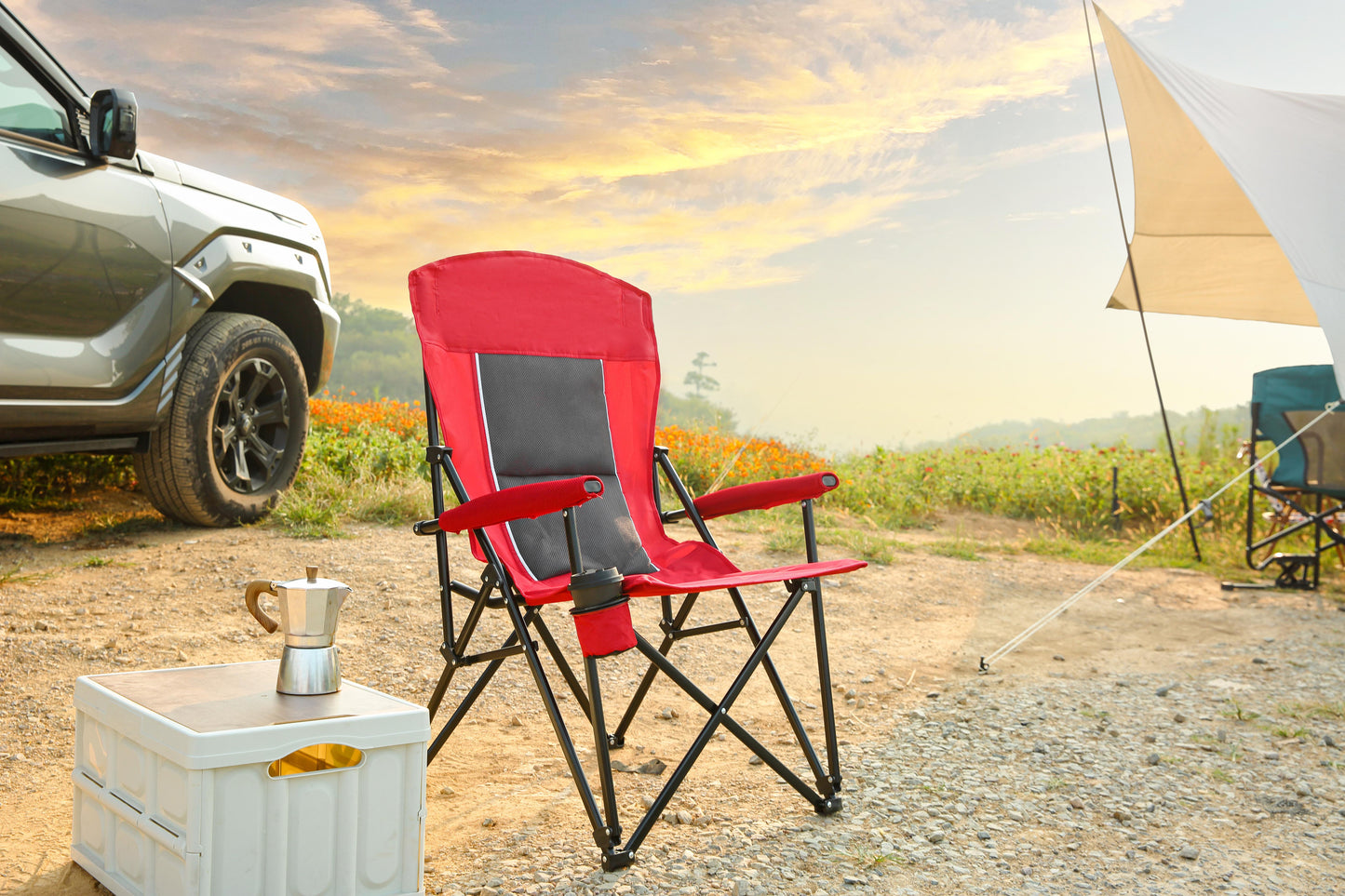 High-Back Heavy-Duty Lawn Chair – Foldable Red Camping Chair with Cup Holder (Supports up to 250 lbs)