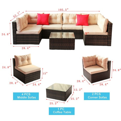 Patio Furniture Set – PE Rattan Sectional Garden Corner Sofa with Tempered Glass Table (7-Piece, Coffee Brown)