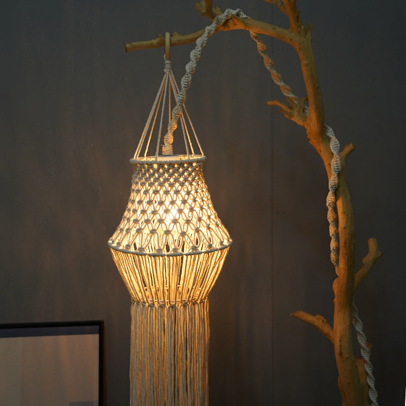 Bohemian Hand-Woven Cotton Lampshade – Artisan Tassel Pendant Light in Soft Beige