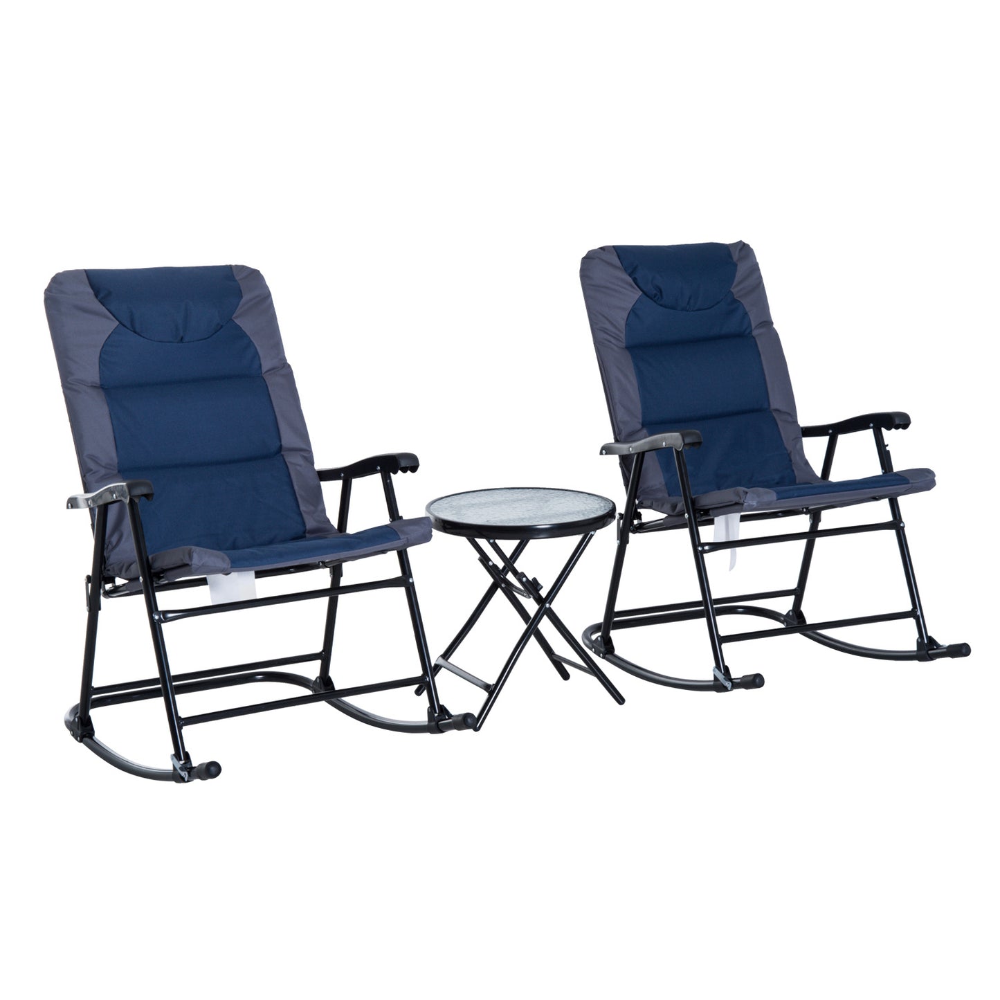 3-Piece Blue Rocking Bistro Set – Patio Rocking Chairs with Tempered Glass Coffee Table