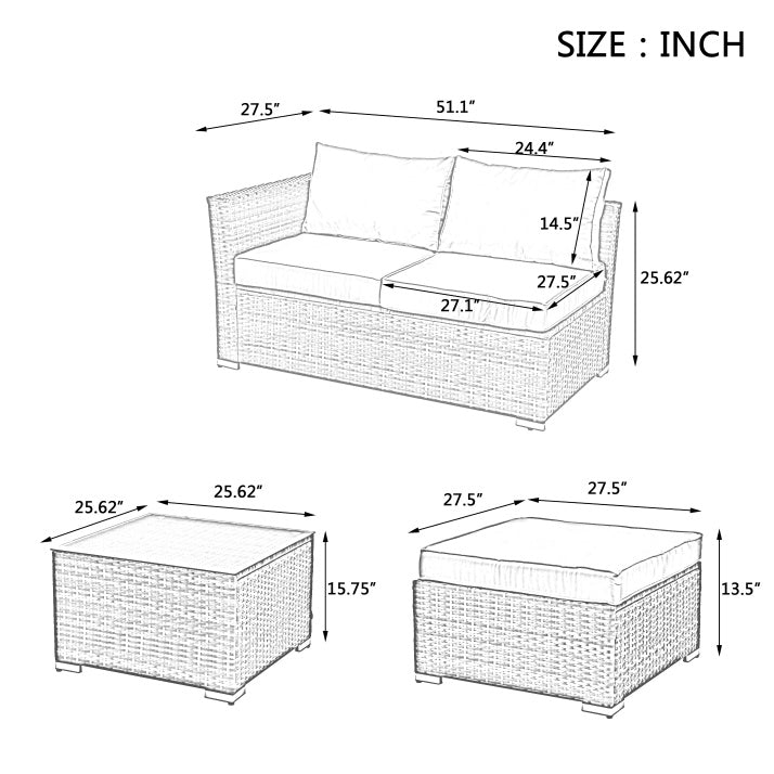 Patio Furniture 4-Piece Set – Seasonal PE Wicker Outdoor Sofa with Tempered Glass Coffee Table & Ottoman (Brown)