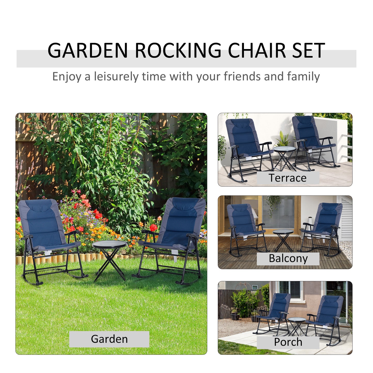 3-Piece Blue Rocking Bistro Set – Patio Rocking Chairs with Tempered Glass Coffee Table