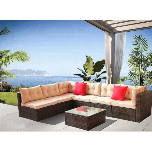 Patio Furniture Set – PE Rattan Sectional Garden Corner Sofa with Tempered Glass Table (7-Piece, Coffee Brown)