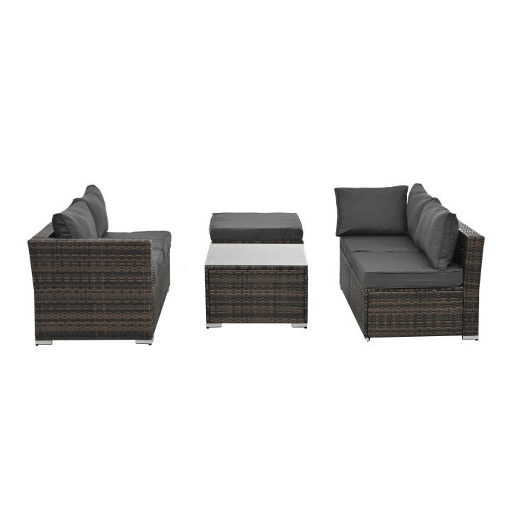 Patio Furniture 4-Piece Set – Seasonal PE Wicker Outdoor Sofa with Tempered Glass Coffee Table & Ottoman (Brown)