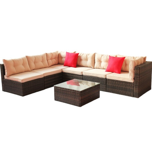 Patio Furniture Set – PE Rattan Sectional Garden Corner Sofa with Tempered Glass Table (7-Piece, Coffee Brown)