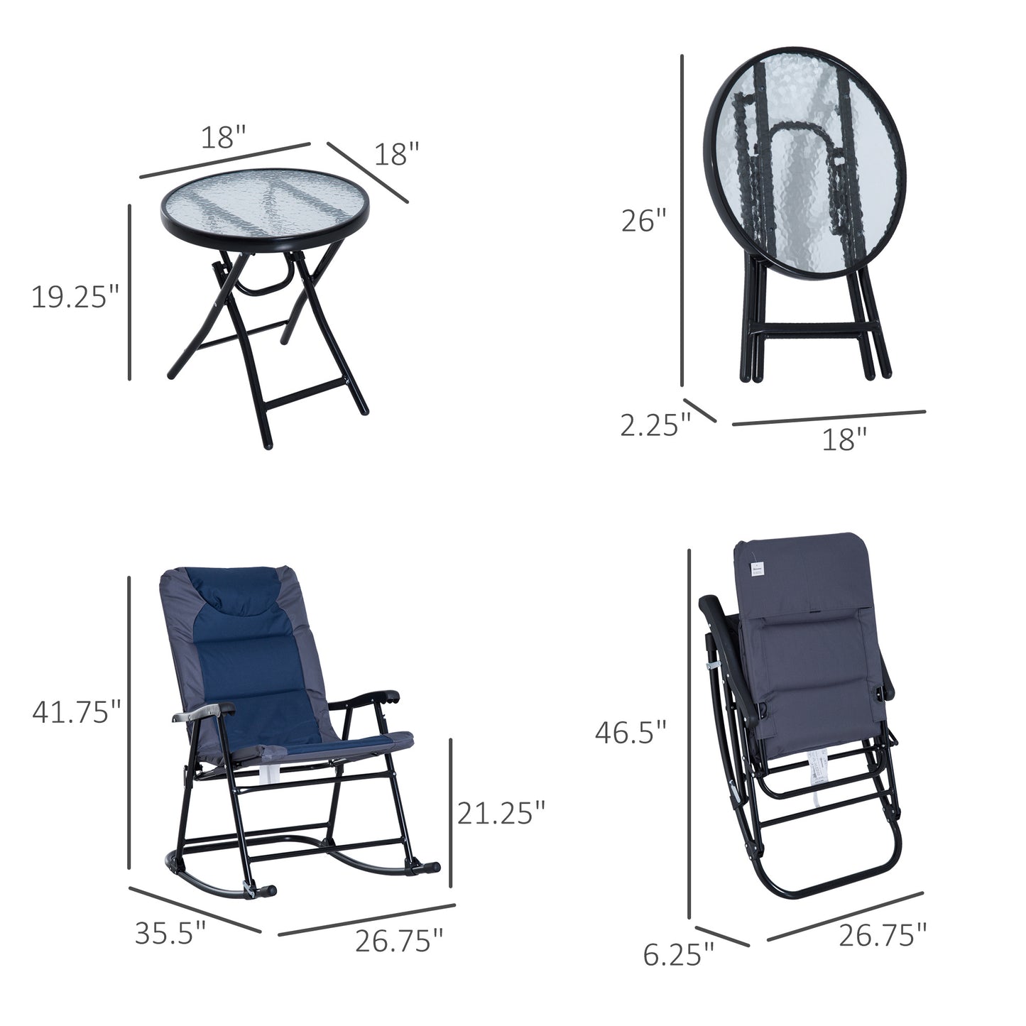 3-Piece Blue Rocking Bistro Set – Patio Rocking Chairs with Tempered Glass Coffee Table