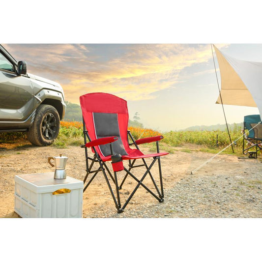 High-Back Heavy-Duty Lawn Chair – Foldable Red Camping Chair with Cup Holder (Supports up to 250 lbs)