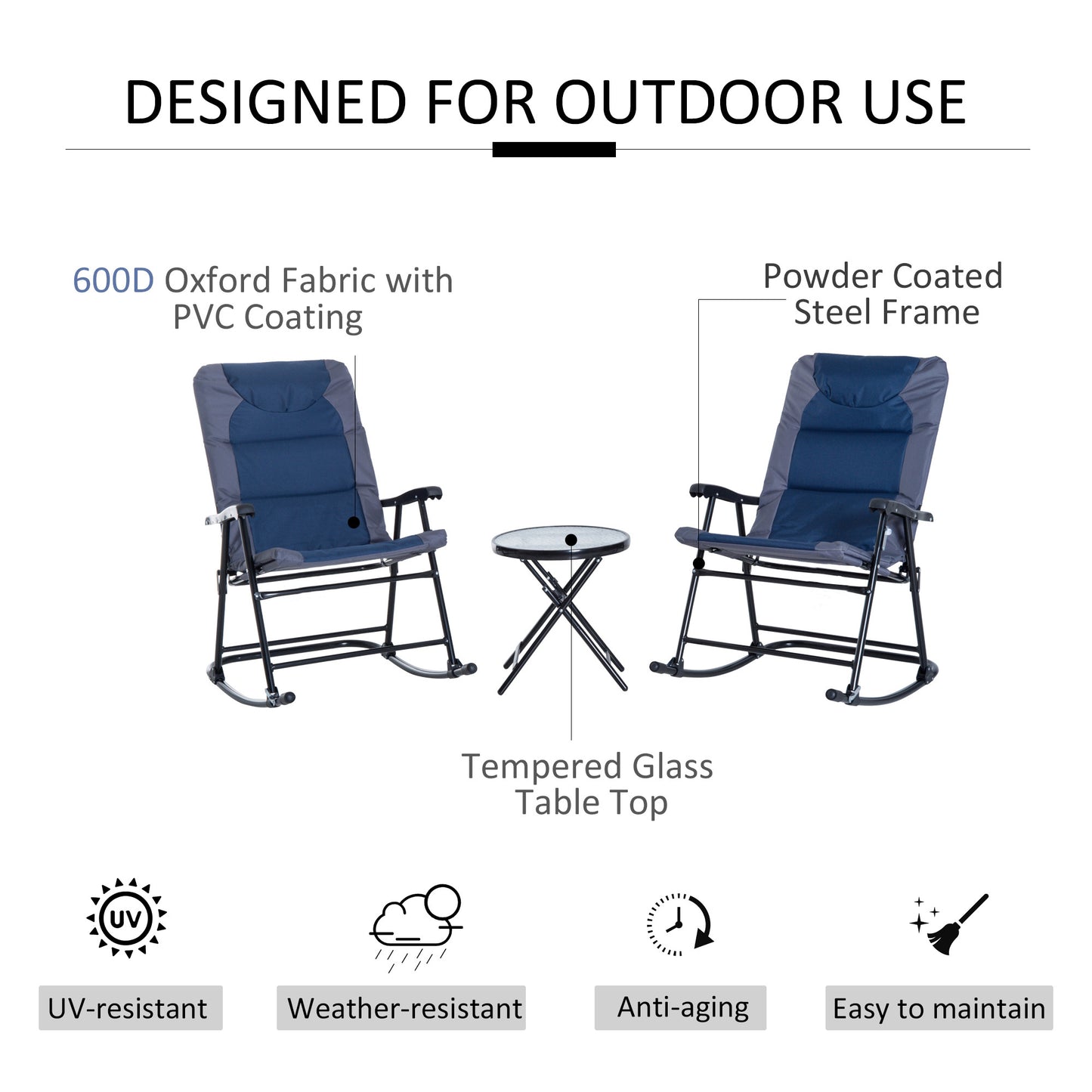 3-Piece Blue Rocking Bistro Set – Patio Rocking Chairs with Tempered Glass Coffee Table