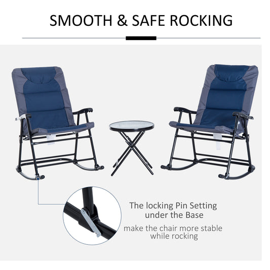 3-Piece Blue Rocking Bistro Set – Patio Rocking Chairs with Tempered Glass Coffee Table