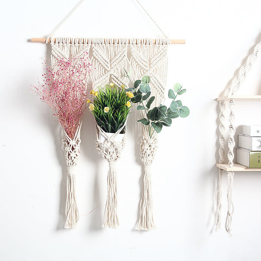 Bohemian Woven Tapestry with Flower Pot Rack – Handcrafted Cotton Elegance