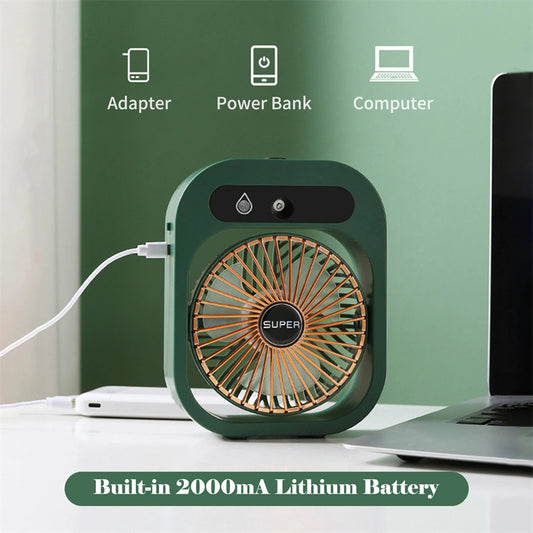 2-in-1 Portable Misting Desk Fan – USB Rechargeable Air Cooler & Humidifier with 3 Speeds
