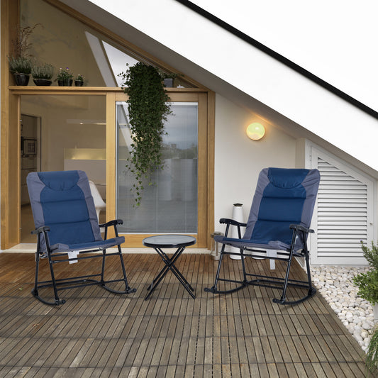 3-Piece Blue Rocking Bistro Set – Patio Rocking Chairs with Tempered Glass Coffee Table