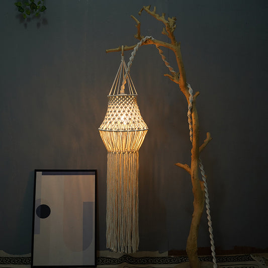 Bohemian Hand-Woven Cotton Lampshade – Artisan Tassel Pendant Light in Soft Beige