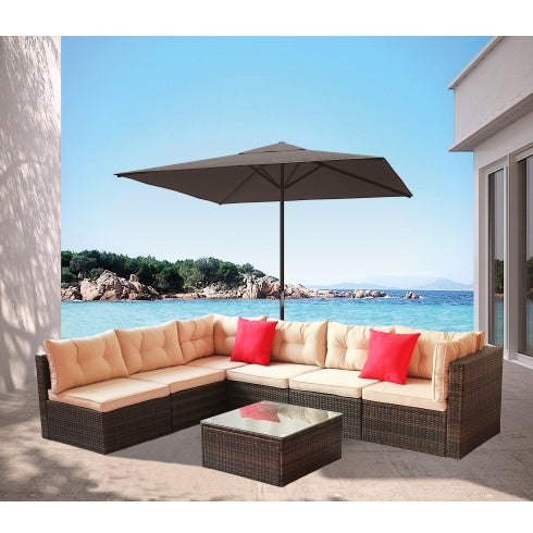 Patio Furniture Set – PE Rattan Sectional Garden Corner Sofa with Tempered Glass Table (7-Piece, Coffee Brown)