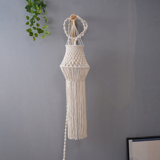 Bohemian Hand-Woven Cotton Lampshade – Artisan Tassel Pendant Light in Soft Beige